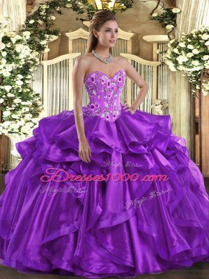 Ball Gowns 15th Birthday Dress Eggplant Purple Sweetheart Organza Sleeveless Floor Length Lace Up