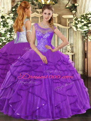 Top Selling Purple Scoop Neckline Beading and Ruffles Quinceanera Dresses Sleeveless Lace Up