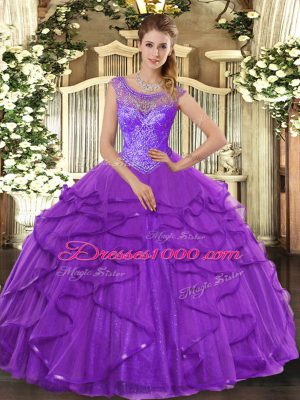 Top Selling Purple Scoop Neckline Beading and Ruffles Quinceanera Dresses Sleeveless Lace Up