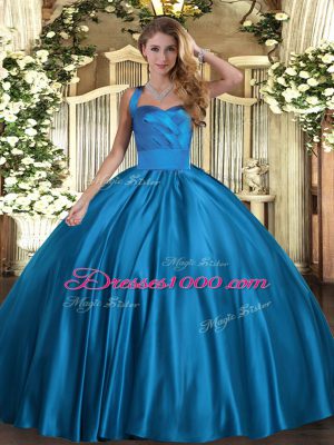 Traditional Blue Ball Gowns Halter Top Sleeveless Satin Floor Length Lace Up Ruching Quinceanera Gown
