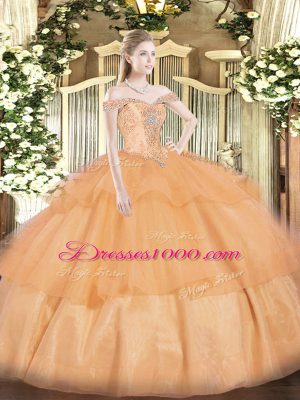 Dazzling Beading and Ruffled Layers 15 Quinceanera Dress Orange Lace Up Sleeveless Floor Length