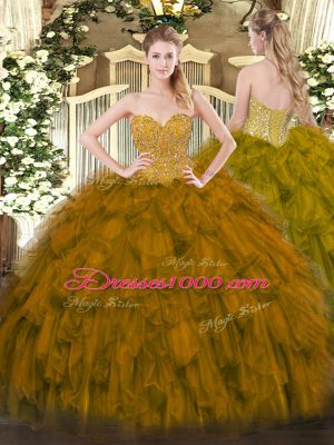 Super Brown Sleeveless Beading and Ruffles Floor Length Quince Ball Gowns