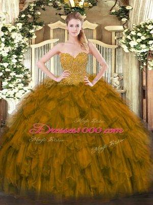 Super Brown Sleeveless Beading and Ruffles Floor Length Quince Ball Gowns