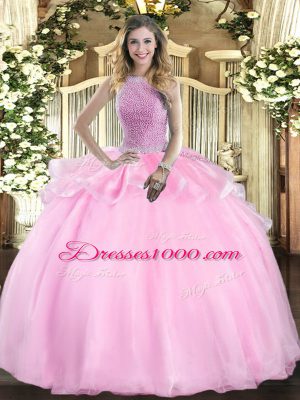 Sleeveless Floor Length Beading Lace Up Quinceanera Dresses with Pink