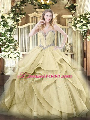 Gorgeous Sweetheart Sleeveless 15 Quinceanera Dress Floor Length Beading and Ruffles Yellow Tulle