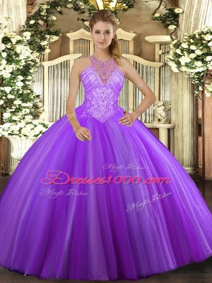 Floor Length Lavender Quinceanera Dresses Tulle Sleeveless Beading