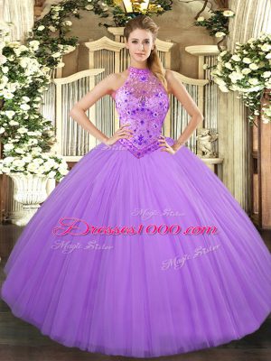 Best Selling Halter Top Sleeveless Quinceanera Dresses Floor Length Beading and Embroidery Lavender Tulle
