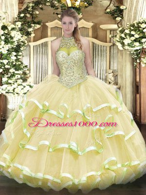 Hot Sale Light Yellow Lace Up Halter Top Beading and Ruffled Layers 15 Quinceanera Dress Organza and Tulle Sleeveless