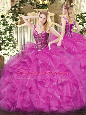 Latest Fuchsia Ball Gowns Organza V-neck Long Sleeves Beading and Ruffles Floor Length Lace Up 15 Quinceanera Dress