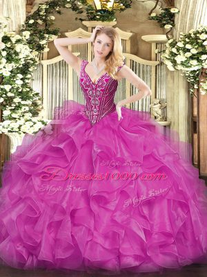 Latest Fuchsia Ball Gowns Organza V-neck Long Sleeves Beading and Ruffles Floor Length Lace Up 15 Quinceanera Dress