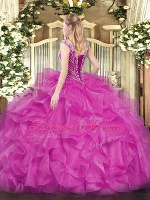 Latest Fuchsia Ball Gowns Organza V-neck Long Sleeves Beading and Ruffles Floor Length Lace Up 15 Quinceanera Dress
