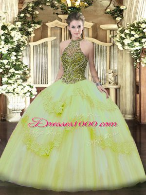 Light Yellow Halter Top Lace Up Beading and Appliques Vestidos de Quinceanera Sleeveless