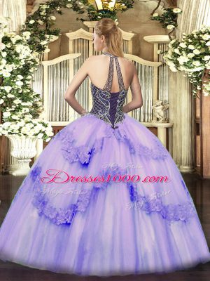 Light Yellow Halter Top Lace Up Beading and Appliques Vestidos de Quinceanera Sleeveless