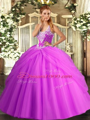 Stunning Lilac Sleeveless Beading and Pick Ups Floor Length Quince Ball Gowns