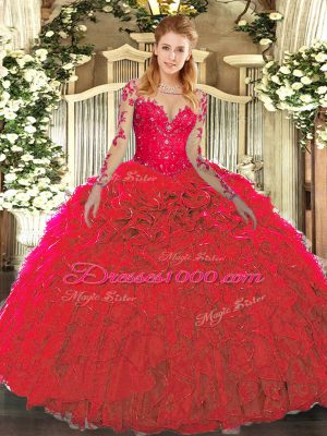 Fantastic Organza Scoop Sleeveless Lace Up Lace and Ruffles Ball Gown Prom Dress in Red