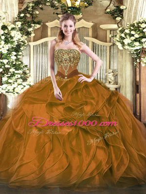 Lovely Brown Sleeveless Floor Length Beading and Ruffles Lace Up Sweet 16 Dress