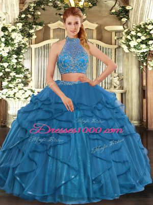 Noble Halter Top Sleeveless Criss Cross Sweet 16 Quinceanera Dress Teal Tulle