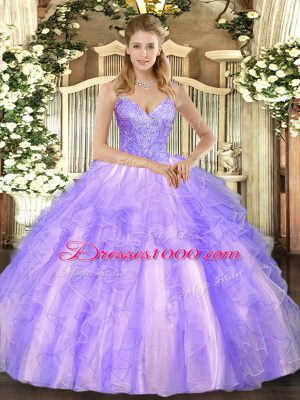 Floor Length Lavender Sweet 16 Quinceanera Dress V-neck Sleeveless Lace Up