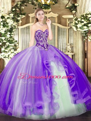 Suitable Lavender Ball Gowns Tulle Sweetheart Sleeveless Beading and Ruffles Floor Length Lace Up Vestidos de Quinceanera