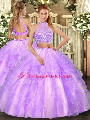 Best Selling Lavender Criss Cross Halter Top Beading and Ruffled Layers Quinceanera Dresses Tulle Sleeveless