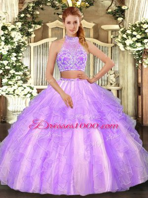 Best Selling Lavender Criss Cross Halter Top Beading and Ruffled Layers Quinceanera Dresses Tulle Sleeveless