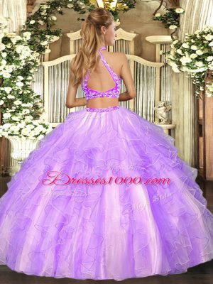 Best Selling Lavender Criss Cross Halter Top Beading and Ruffled Layers Quinceanera Dresses Tulle Sleeveless