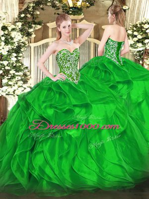 Luxury Green Sweetheart Neckline Beading and Ruffles Quinceanera Gowns Sleeveless Lace Up