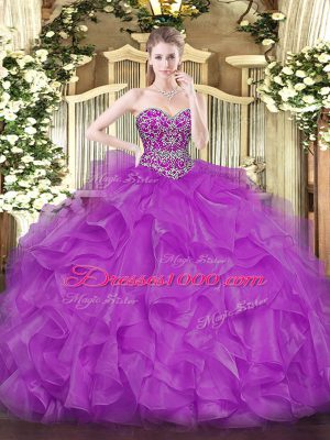 Perfect Fuchsia Organza Lace Up Sweetheart Sleeveless Floor Length Quince Ball Gowns Beading and Ruffles