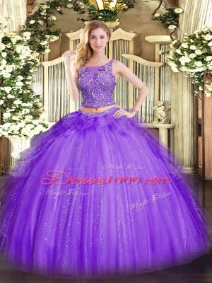 Floor Length Two Pieces Sleeveless Lavender Quinceanera Dresses Lace Up