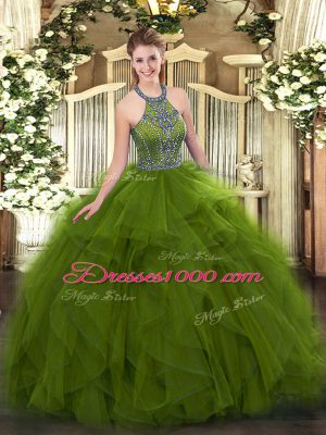 Fabulous Olive Green Halter Top Lace Up Beading and Ruffles Quinceanera Gowns Sleeveless