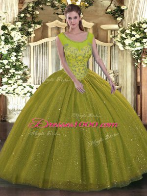 Olive Green Tulle Backless Scoop Sleeveless Floor Length 15 Quinceanera Dress Beading