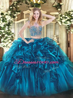 Dynamic Floor Length Two Pieces Sleeveless Blue Ball Gown Prom Dress Lace Up