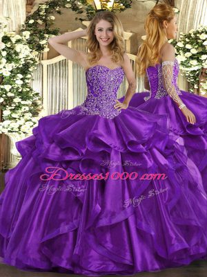 Admirable Purple Sleeveless Floor Length Beading and Ruffles Lace Up 15 Quinceanera Dress