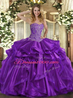 Admirable Purple Sleeveless Floor Length Beading and Ruffles Lace Up 15 Quinceanera Dress