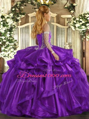 Admirable Purple Sleeveless Floor Length Beading and Ruffles Lace Up 15 Quinceanera Dress