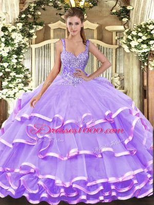 Fine Lavender Straps Neckline Beading and Ruffled Layers 15 Quinceanera Dress Sleeveless Lace Up