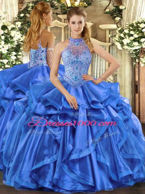 Perfect Ball Gowns Sweet 16 Quinceanera Dress Blue Halter Top Organza Sleeveless Lace Up