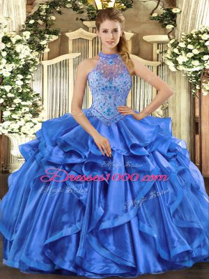 Perfect Ball Gowns Sweet 16 Quinceanera Dress Blue Halter Top Organza Sleeveless Lace Up