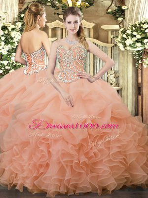 Floor Length Lace Up 15th Birthday Dress Peach for Military Ball and Sweet 16 and Quinceanera with Beading and Ruffles and Pick Ups