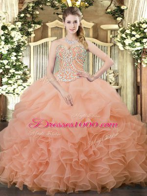 Floor Length Lace Up 15th Birthday Dress Peach for Military Ball and Sweet 16 and Quinceanera with Beading and Ruffles and Pick Ups