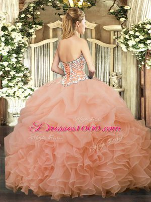 Floor Length Lace Up 15th Birthday Dress Peach for Military Ball and Sweet 16 and Quinceanera with Beading and Ruffles and Pick Ups