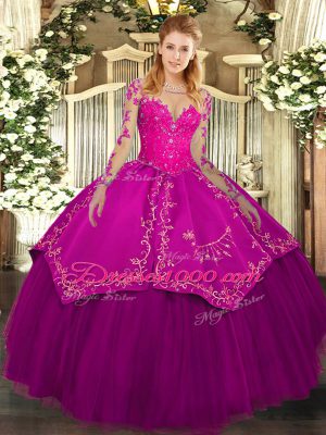 Chic Floor Length Lace Up Sweet 16 Quinceanera Dress Fuchsia for Military Ball and Sweet 16 and Quinceanera with Lace and Embroidery