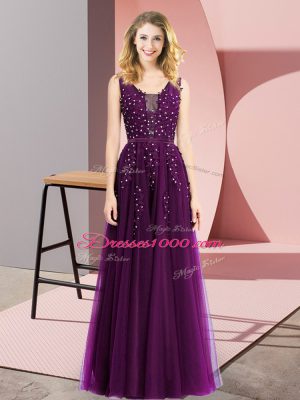 Ideal Dark Purple Backless Square Beading and Appliques Tulle Sleeveless