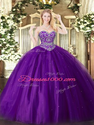Purple Sleeveless Floor Length Beading Lace Up 15th Birthday Dress