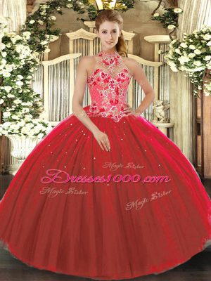 Smart Tulle Halter Top Sleeveless Lace Up Embroidery Quince Ball Gowns in Red