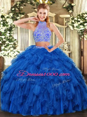Trendy Organza Halter Top Sleeveless Criss Cross Beading and Ruffles Quinceanera Dress in Royal Blue