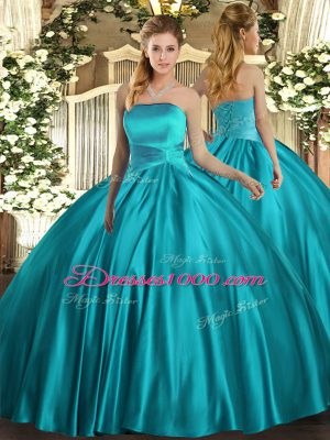 Strapless Sleeveless Lace Up Sweet 16 Quinceanera Dress Teal Satin