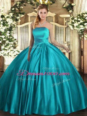 Strapless Sleeveless Lace Up Sweet 16 Quinceanera Dress Teal Satin