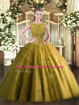 Best Selling Sleeveless Floor Length Beading and Appliques Zipper Quinceanera Dress with Brown