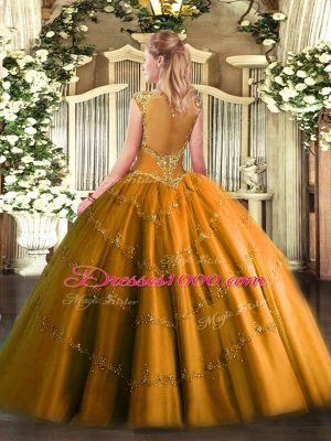 Best Selling Sleeveless Floor Length Beading and Appliques Zipper Quinceanera Dress with Brown